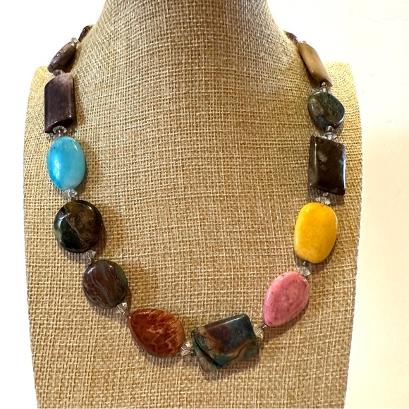 Multi Gemstone Genuine Collar Necklace in tans, browns, blue, yellow, pink - Picture 4 of 12